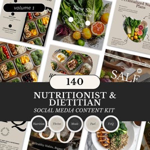 Puede incluir: Un kit de contenido para redes sociales para nutricionistas y dietistas, con plantillas con planes de comidas, coaching de estilo de vida y hábitos alimenticios saludables. La imagen incluye texto que dice "volume 1", "New Slots Available" y "SALE".