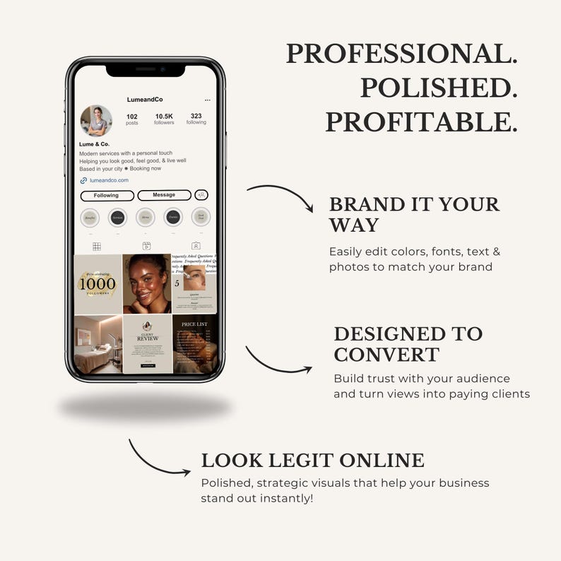 May include: A smartphone displays a social media profile with the text "LumeandCo." The image promotes professional, polished, and profitable branding. Text includes "Brand it your way," "Designed to convert," and "Look legit online."