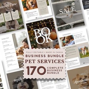 Peut inclure: Un ensemble de modèles de marketing numérique pour services animaliers comprenant 170 designs Canva entièrement modifiables. La collection inclut diverses mises en page avec des photos de chiens, des textes et des champs d'informations.