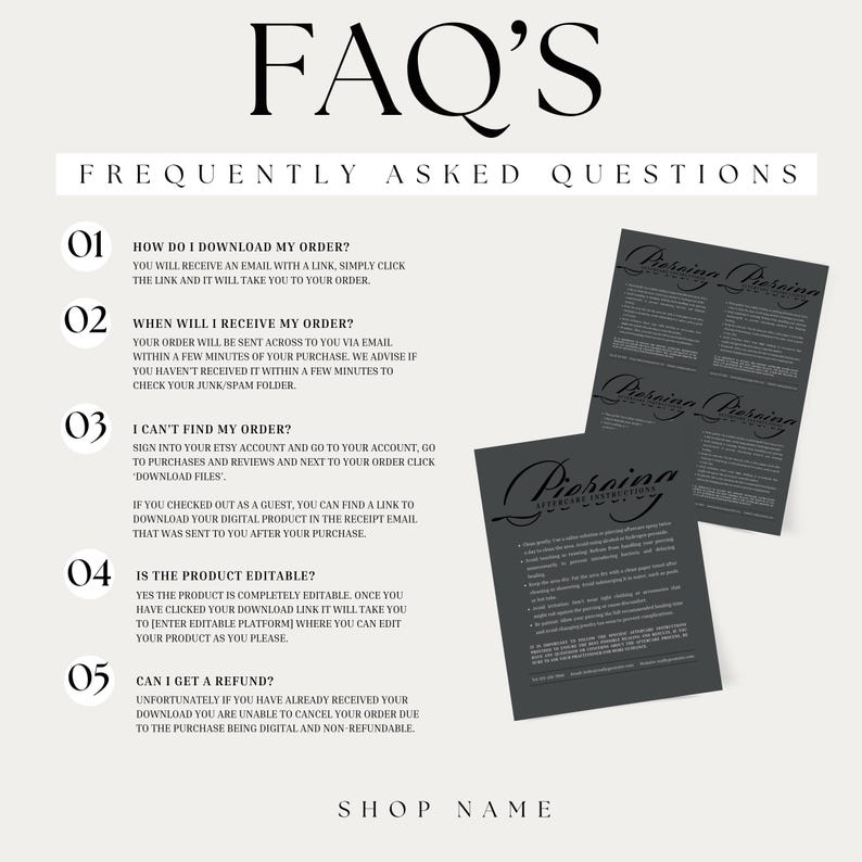 Puede incluir: Una hoja de preguntas frecuentes sobre productos digitales con el t&iacute;tulo "FAQ'S" y las preguntas: &iquest;C&oacute;mo descargo mi pedido?, &iquest;Cu&aacute;ndo recibir&eacute; mi pedido?, &iquest;No encuentro mi pedido?, &iquest;Es editable el producto? y &iquest;Puedo obtener un reembolso?. Tambi&eacute;n se ven dos tarjetas de color gris oscuro.