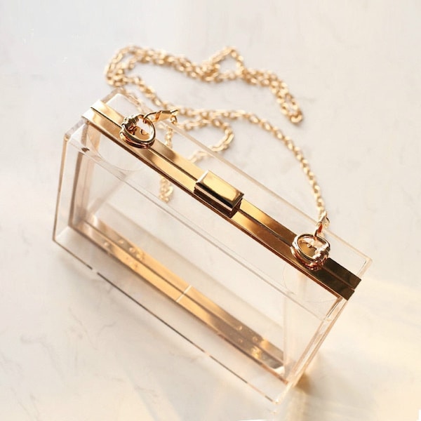 Transparent Acrylic Crossbody Box Clutch for Women, Clear Shoulder Handbag, Work, Sporting Events,Stadium with Removable Gold Chain Strap