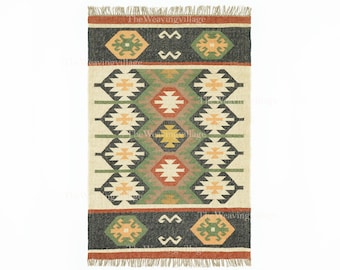 Handwoven Indian Wool Jute Rug, Kilim Area Rug, Vintage  Rug, Rustic Home Decor, Geometric Floor Rug, Bohemian Jute Rug