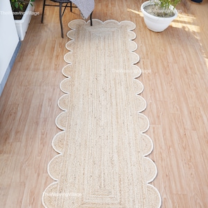 Natural Scallop Jute Runner, White Scallop Edge Runner Rug,  Boho Jute Rug, Custom Size Rug, Jute Runner Rug, Bohemian Jute Rug, Home Decor