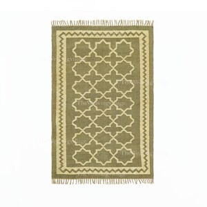 May include: An olive green rectangular rug with a cream-coloured geometric pattern and fringed trim. The rug features a repeating quatrefoil design within a cream-coloured border. Suitable for indoor use.
