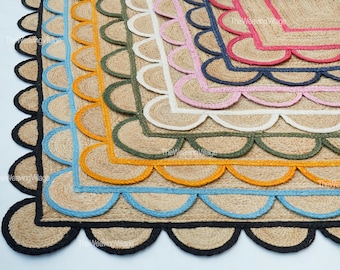 Natural Jute Rug, Bohemian Scalloped Rug, Boho Scallop Rug, Jute Area Rug, Handwoven Jute Rug, Braided Jute Rug, Runner Rug, Custom Size Rug