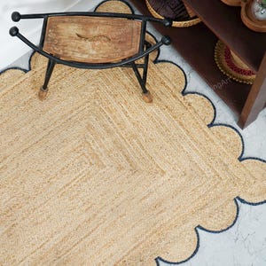 Scallop Edge Rug, Navy Blue Scallop Jute Rug, Decorative Jute Rug, Braided Jute Area Rug, Ecofriendly Natural Jute Rug, Rectangle Jute Rug