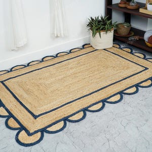 Ecofriendly Natural Jute Rug, Navy Blue Scallop Jute Rug, Rectangle Jute Rug, Scallop Edge Rug, Braided Jute Area Rug, Decorative Jute Rug