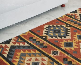 Handwoven Wool Jute Kilim Rug, Colorful Geometric Tribal Design