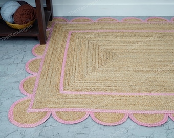 Rustic Area Rug, Hand-Braided Light Pink Scallop Rug, Bohemian Jute Rug, Eco-Friendly Natural Jute Rugs, Boho Scalloped Rug