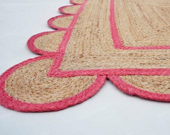 Hand-Braided Scallop Jute Rug, Bohemian Jute Carpet, Dark Pink Scalloped Edge Rug,  Boho Living Room Decor, Large Area Rug, Custom Size Rugs
