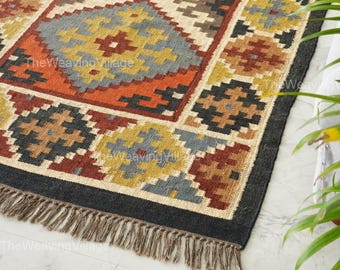 Authentic Wool Jute Kilim Rug, Multicolor Geometric Boho Flatweave Rug