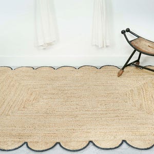 Rectangle Jute Rug, Navy Blue Scallop Jute Rug, Ecofriendly Natural Jute Rug, Braided Jute Area Rug, Decorative Jute Rug, Scallop Edge Rug