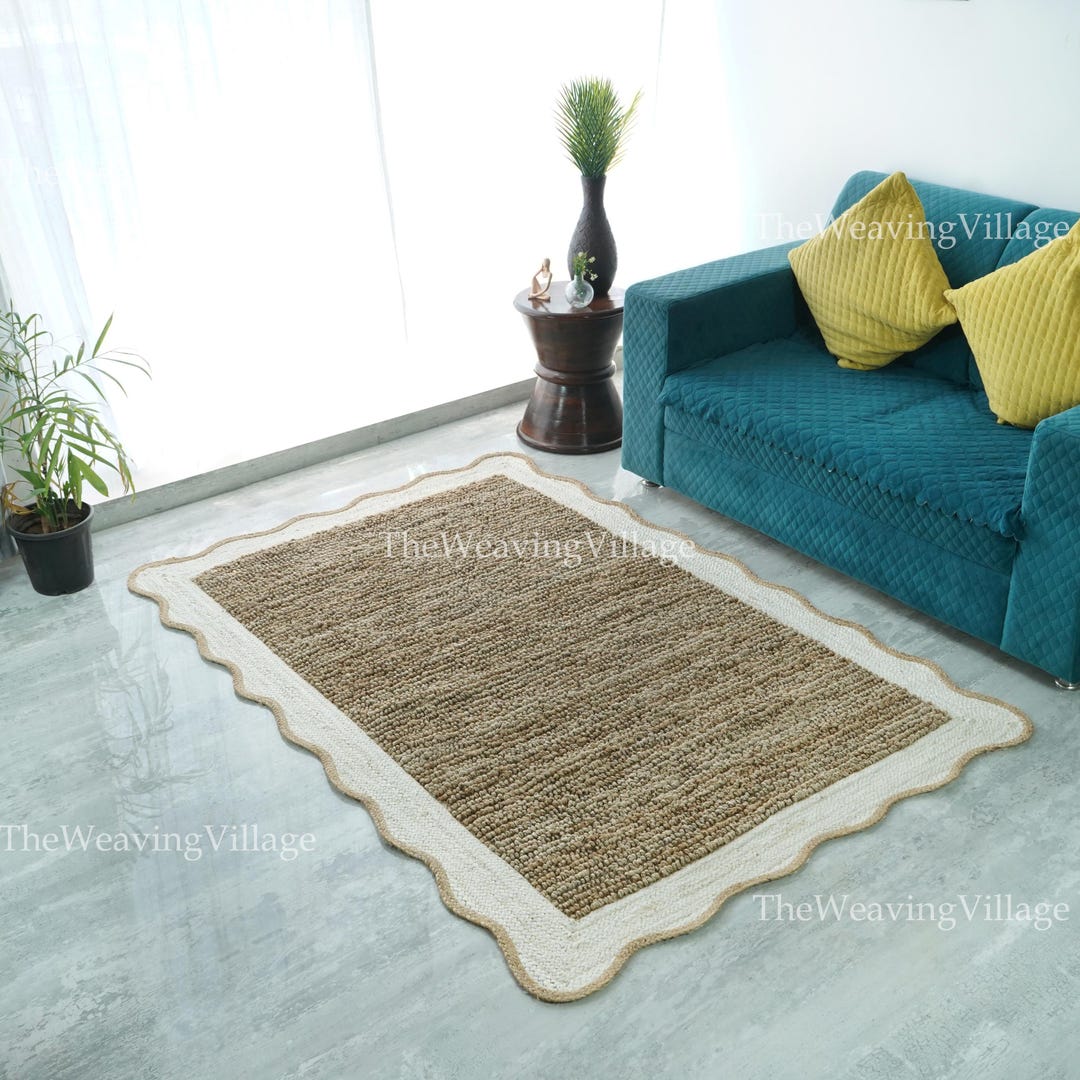 Handwoven off White Wave Edge Loop Rug, Natural Jute Hemp Rug, Living ...