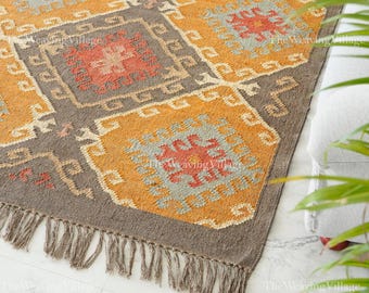 Handwoven Wool Jute Kilim Rug, Natural Wool Jute Rug, Eco-Rustic Home Decor, Custom Size Rug