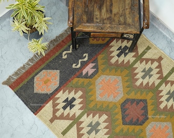 Handwoven Wool Jute Kilim Rug, Wool Jute Rug, Kilim Jute Rug, Flatweave Rug, Bohemian Rug, Indian Dhurrie Rug, Navajo Kilim Rug, Custom Rug