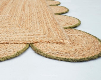 Emerald Green Scallop Rug, Jute Scallop Rug, Boho Jute Rug, Natural Jute Rug, Jute Area Rug, Custom Size Rug, Jute Runner Rug, Scalloped Rug