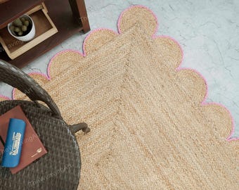 Hand Braided Jute Rug, Light Pink Scallop Edge, Eco-Rustic Decor