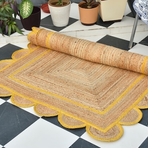 Natural Jute Rug, Yellow Scallop Edge Rug, Scalloped Jute Rug, Jute Area Rug, Decorative Rug, Bohemian Jute Rug, Rectangular Rug ,Custom Rug