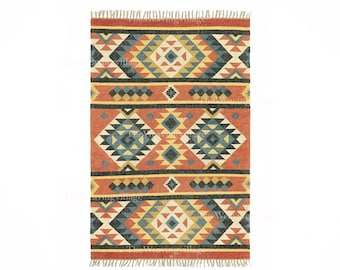May include: Rectangular woven rug with a geometric pattern in shades of orange, blue, yellow, and black. The rug features a repeating diamond and triangle design with fringed edges, suitable for a living room or bedroom.