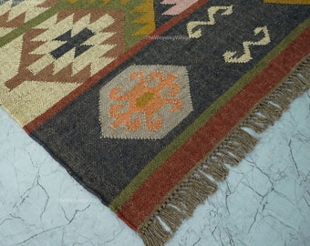 Handwoven Wool Jute Kilim Rug, Wool Jute Rug, Kilim Jute Rug, Flatweave Rug, Bohemian Rug, Indian Dhurrie Rug, Navajo Kilim Rug, Custom Rug