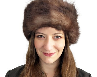 100% Wool Fur, Leather Winter Hat For Women Dark Brown Fur