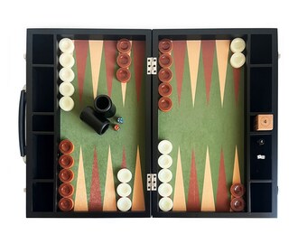 Tournament Size Backgammon Set Green and Tan Fabric Ground Leather Case with Wooden Doubling Cube 22x29 inch (57x75cm)