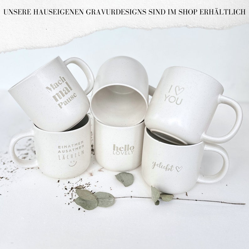 Personalisierte Tasse Gravierte Keramiktasse mit matter Oberfläche und rustikalem Touch in pastellweiß gesprenkelt STYLER Bild 6