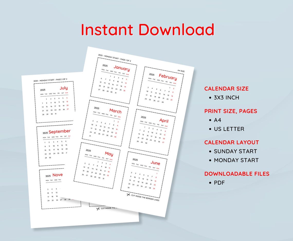 2025 3x3 mini calendar printable mini calendar minimalist monthly