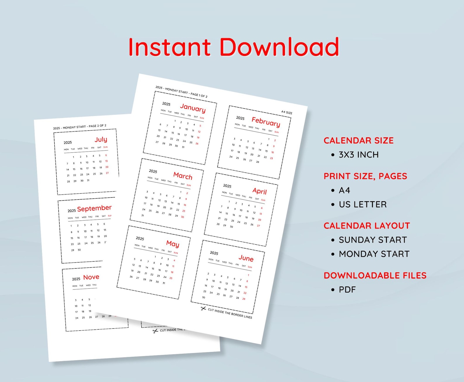 2025 3x3 mini calendar printable mini calendar minimalist monthly