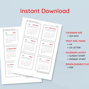 2025 3x3 Mini Calendar Printable Mini Calendar Minimalist Monthly