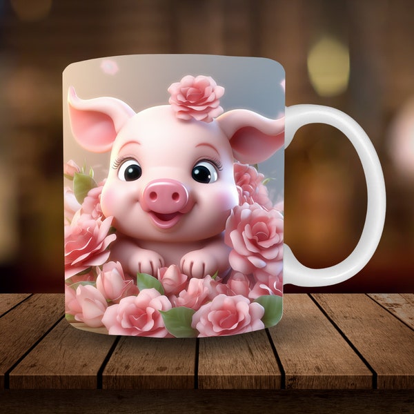 Cute Pig Floral Mug Sublimation, 3D 11oz, 15oz Mug Sublimation Wrap, Digital Download Mug PNG, 3D Flowers Coffee Cup Tea Cup Wrap PNG
