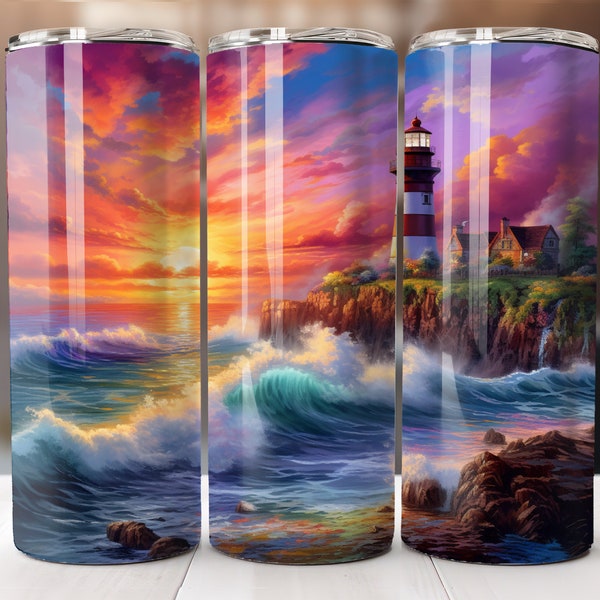 Lighthouse 20 oz Skinny Tumbler Sublimation Design Digital Download PNG Instant DIGITAL ONLY, Colorful Beach Ocean Sunset Tumbler