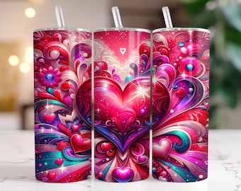 Valentines Day Heart Tumbler Wraps 3D Hearts 20 oz Skinny Tumbler Sublimation Design Instant Download Valentine's PNG
