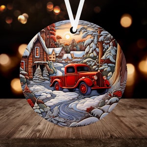 3D Red Truck Christmas Ornament Sublimation PNG, 300 dpi, Instant Digital Download, Christmas Round Ornament PNG Antique Christmas Barn