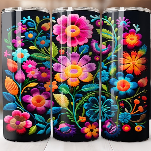 Mexican Flowers Tumbler Wrap 20oz Skinny Embroidered Tumbler Wrap Floral Flowers Embroidery Straight Design PNG Instant Download Mexico PNG