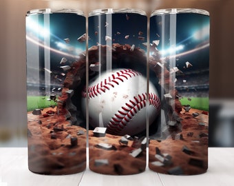 May include: A baseball breaks through a wall of concrete and dirt, with a stadium in the background. The baseball is white with red stitching.