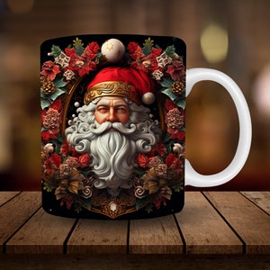 3D Santa Claus Mug Sublimation, 3D Christmas 11oz, 15oz Mug Sublimation Wrap, Digital Download Mug PNG, Coffee Cup Tea Cup Wrap PNG