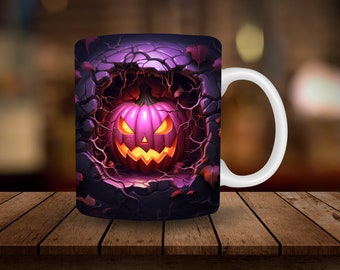 May include: A white ceramic mug with a purple and black design featuring a glowing jack-o'-lantern face emerging from a cracked stone wall.