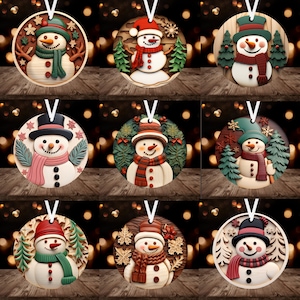 3D Wooden Snowman Ornament Bundle Sublimation PNG Bundle, Téléchargement numérique instantané, Ornement en bois rond de Noël PNG Bundle 9 Designs