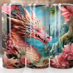 3D Pink Dragon 20 oz Skinny Tumbler Sublimation Design Digital Download PNG Instant, 3D Dragon Tumbler