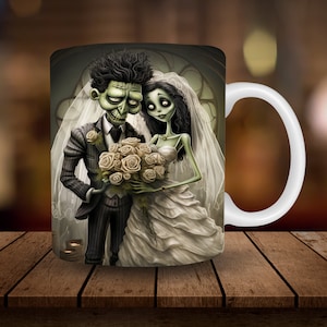 Frankenstein Monster Wedding Mug Sublimation, 11oz, 15oz Mug Sublimation Wrap, Digital Download Mug PNG, Halloween Coffee Tea Cup Wrap PNG