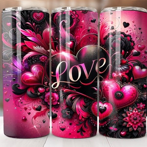 May include: Three stainless steel tumblers with a pink and black design featuring hearts, swirls, and the word "LOVE".