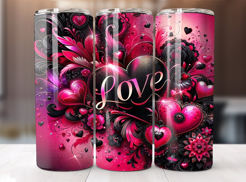 May include: Three stainless steel tumblers with a pink and black design featuring hearts, swirls, and the word "LOVE".