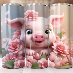 Cute Pig Flower Tumbler PNG 20 oz Skinny Tumbler Wrap Sublimation Design, Straight Tumbler Wrap, Instant Digital Download Floral Pig Wrap