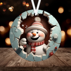 Ornement de Noël 3D bonhomme de neige en sublimation PNG, téléchargement numérique instantané, ornement rond de Noël PNG percer l'ornement de bonhomme de neige