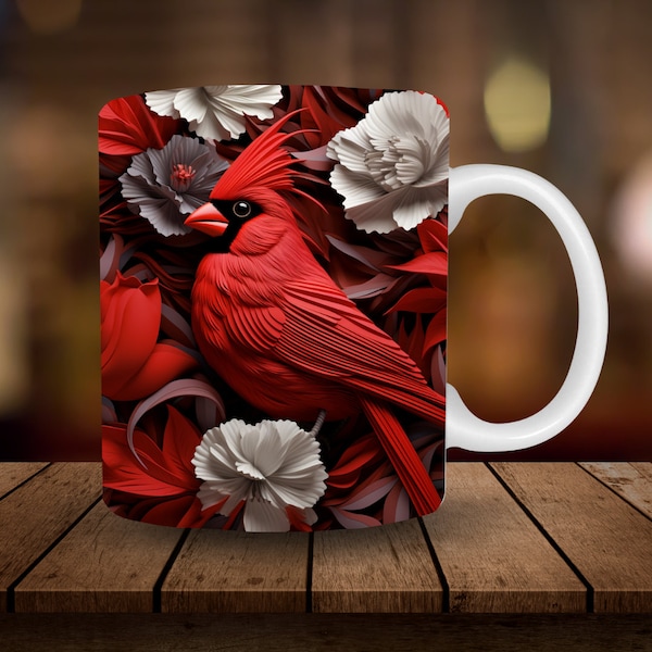 3D Red Bird Sublimation 11oz, 15oz Mug Sublimation Wrap, Digital Download Mug PNG, 3D Cardinal Floral Flowers Bird Coffee Tea Cup Wrap PNG