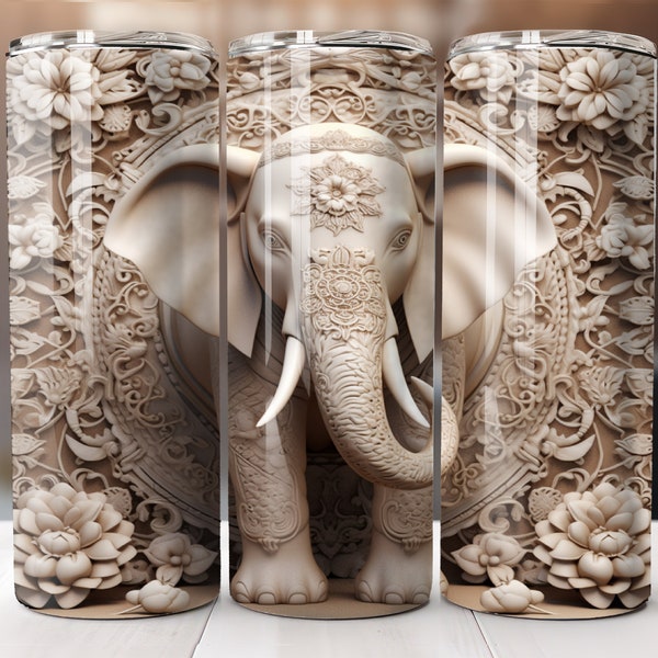 3D Ivory Elephant 20oz Sublimation Tumbler Designs, Embroidered "9.3 x 8.2" Straight Skinny Tumbler Wrap PNG, Sublimation Design PNG