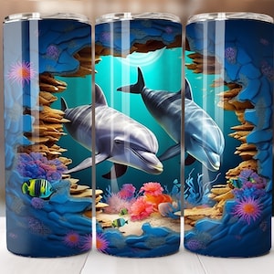3D Dolphin 20 oz Skinny Tumbler Sublimation Design, Instant Digital Download, Straight Tumbler Wrap Dolphins Summer Ocean Tumbler