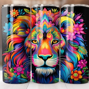Neon Lion 20 oz Skinny Tumbler Wrap Sublimation Design, Straight Tumbler Wrap, Instant Digital Download PNG, Lion Flower Tumbler Wrap