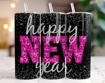 Happy New Years Tumbler Wrap 20 oz Skinny Straight Tumbler Sublimation Design Wrap Digital, Download ONLY PNG Pink Glitter Sequins 2024